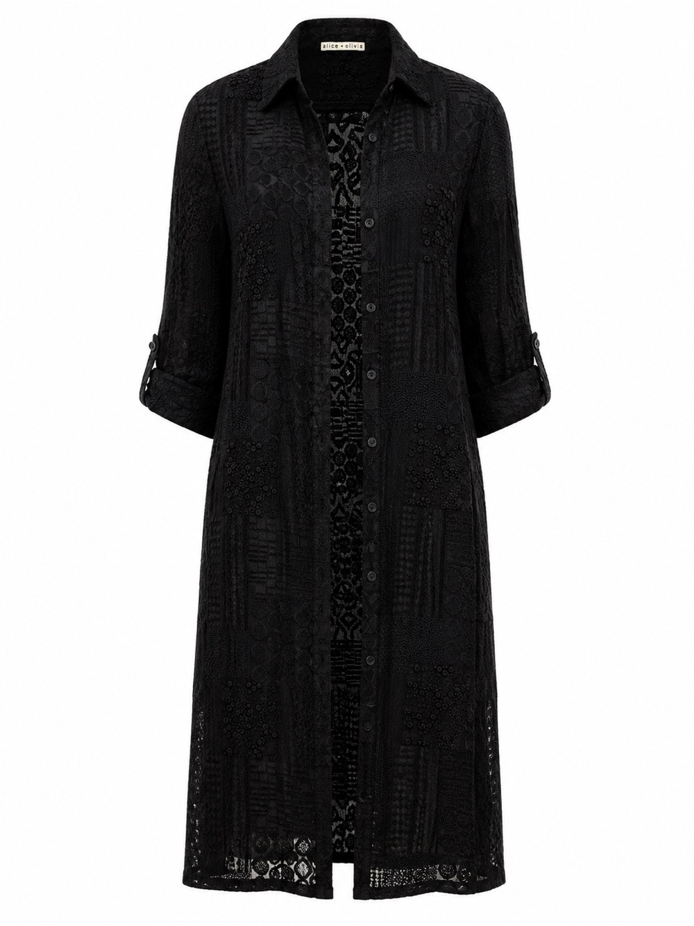 Alice + Olivia Black Sheer Embroidered Lace Shirt Dress Duster Tunic Viscose